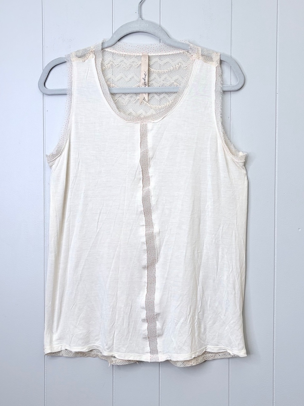 Mystree Cream Lace Back Tank Top Sheer Polka Dot Trim Raw Edges Indie Sleaze L